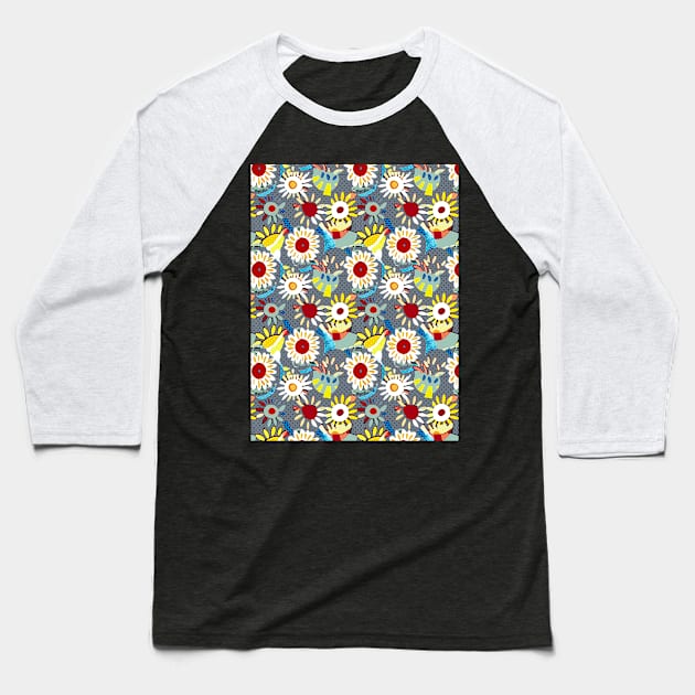 Halftone floral yellow red bue Baseball T-Shirt by Remotextiles